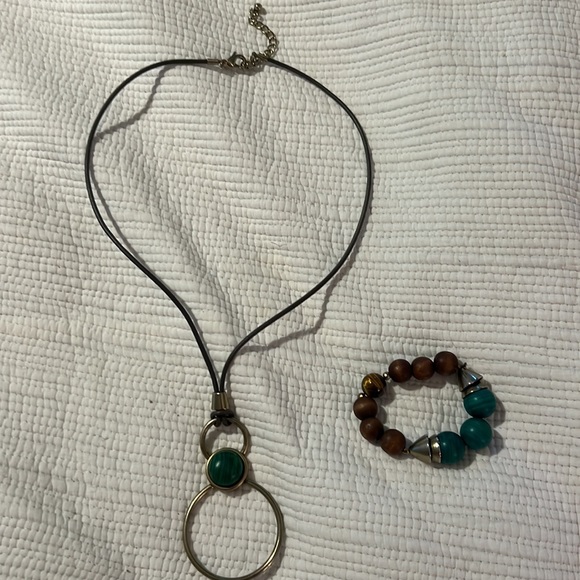Chico's Jewelry - Chicos Leather necklace with a gold circle jade stone necklace and bracelet